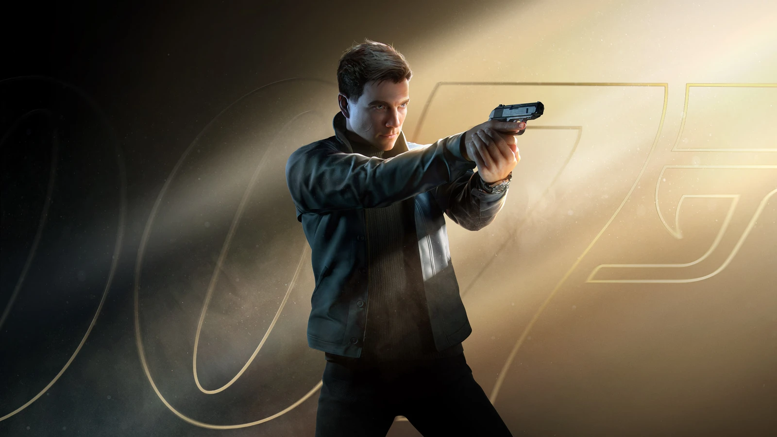 James Bond aims a handgun against a gold 007 background in official 007 First Light game key art.