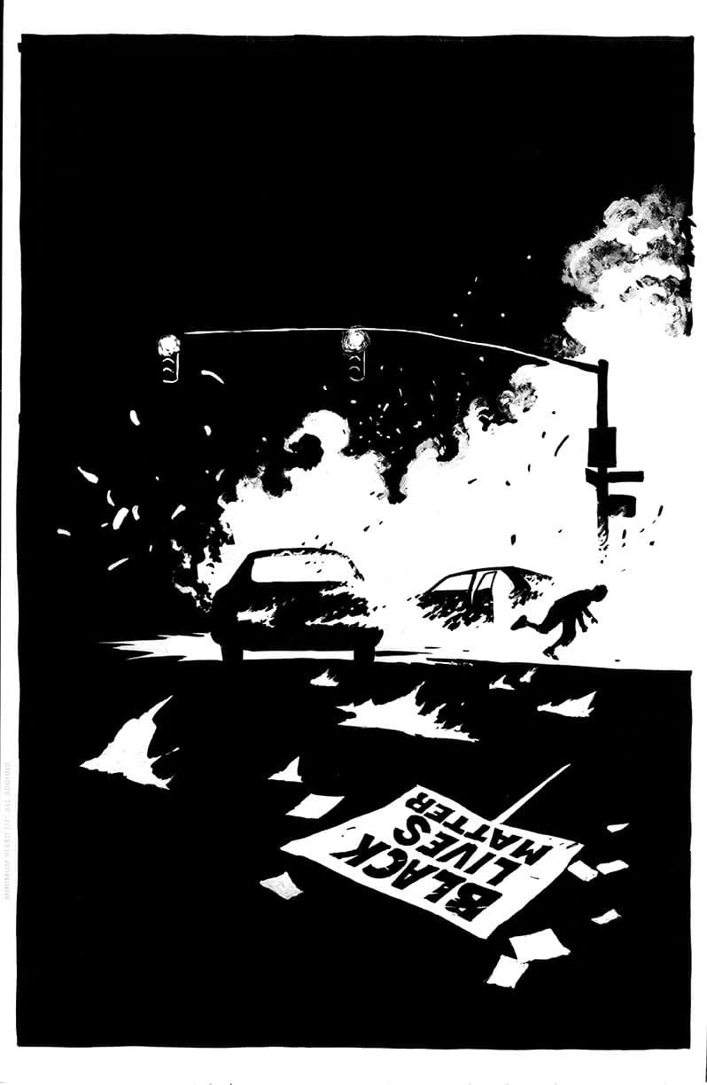 Eduardo Risso's black-and-white opening page for The US of Anger shows burning cars, a running figure and a discarded Black Lives Matter placard.