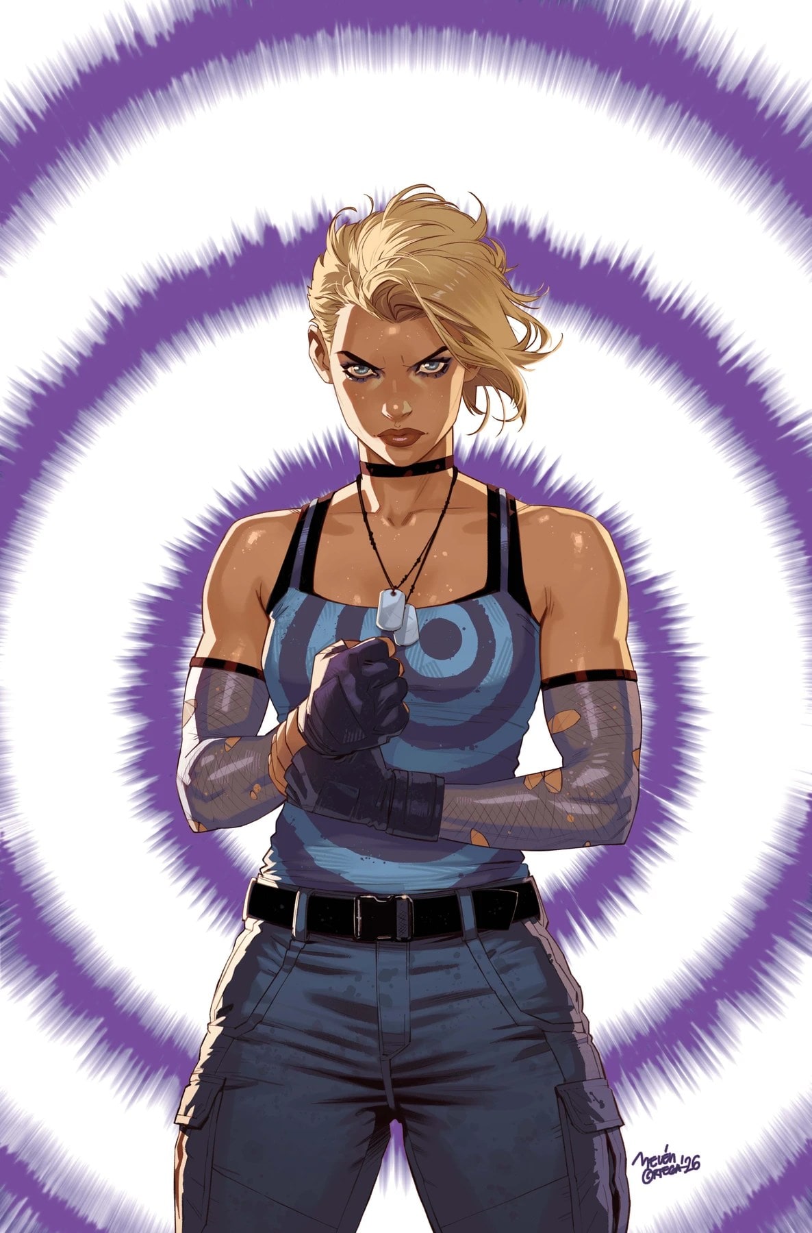 Dinah Lance stands with clasped gloved hands against radiating purple rings in Belén Ortega’s main artwork for Absolute Black Canary #1.