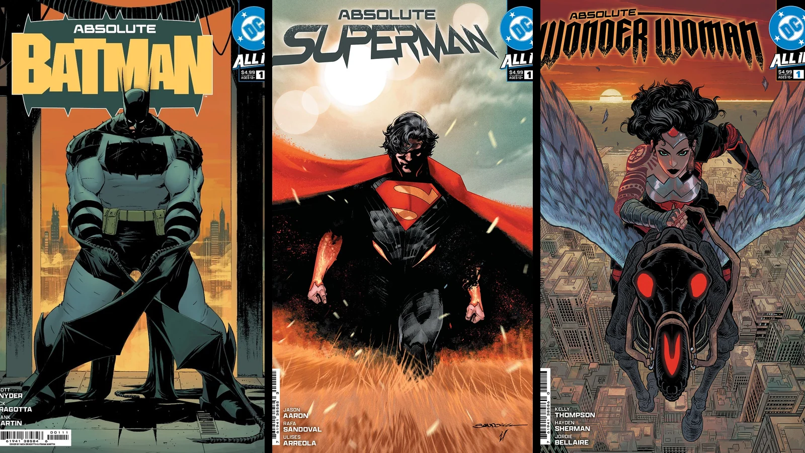 Absolute Batman, Absolute Superman and Absolute Wonder Woman comic artwork