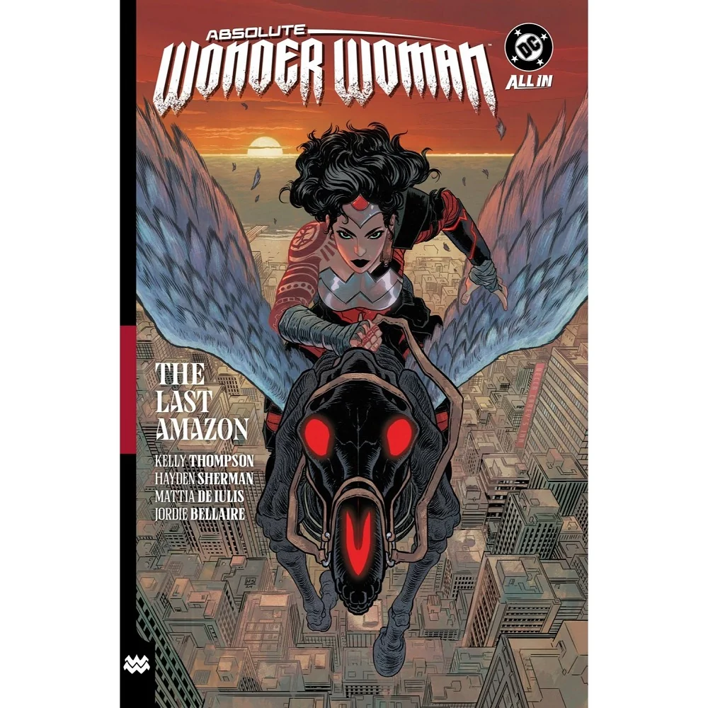 Absolute Wonder Woman riding her skeletal winged mount above Gateway City