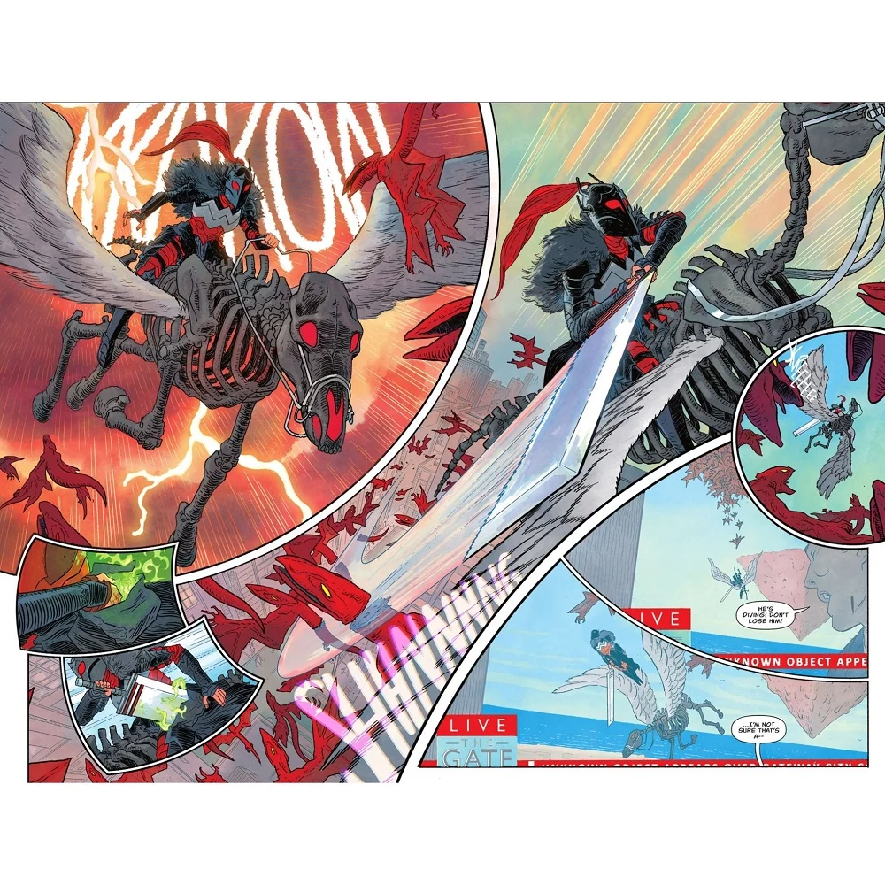 Absolute Wonder Woman riding Pegasus and wielding an enormous sword in battle