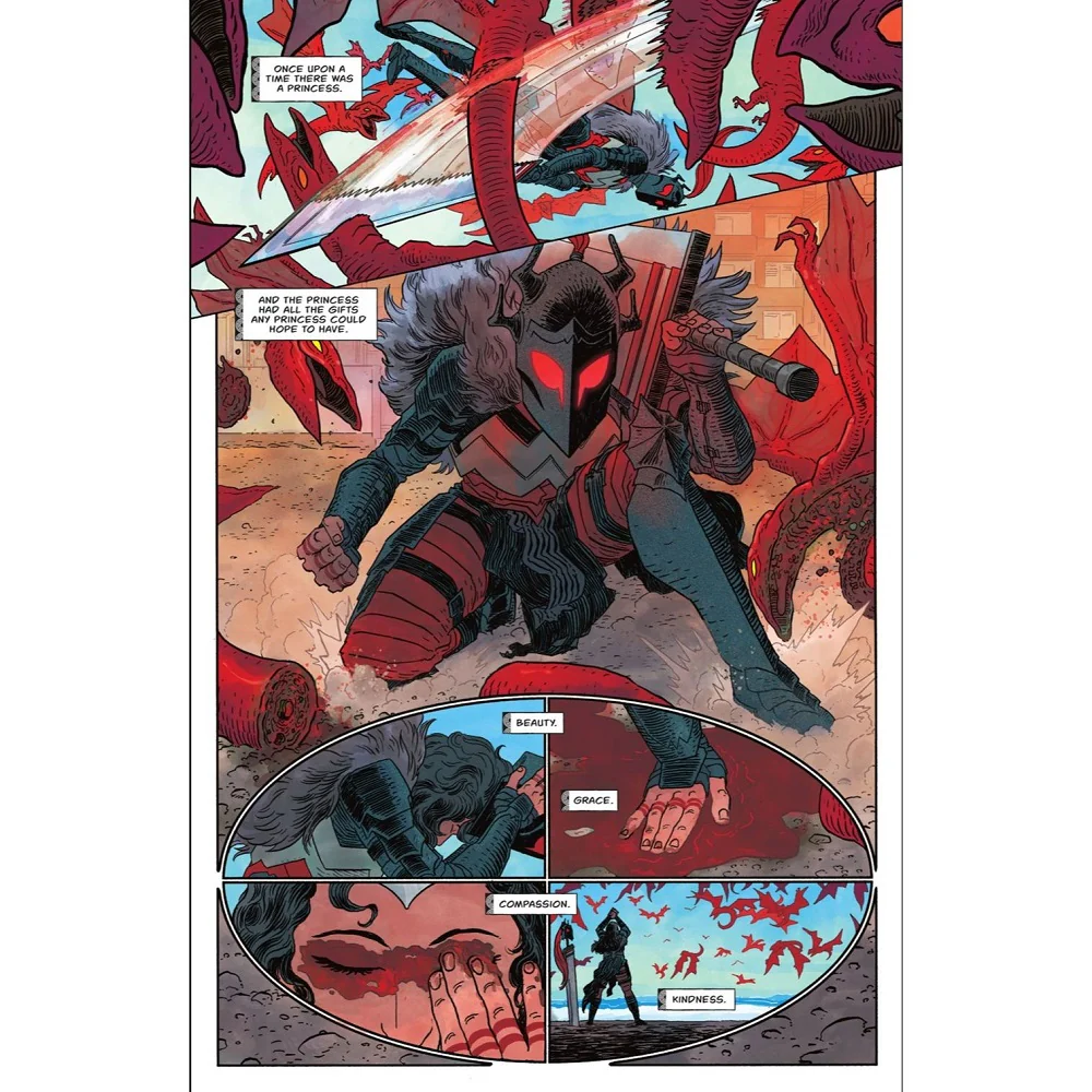 Absolute Wonder Woman in dark armour fighting winged monsters while the page emphasizes compassion and kindness