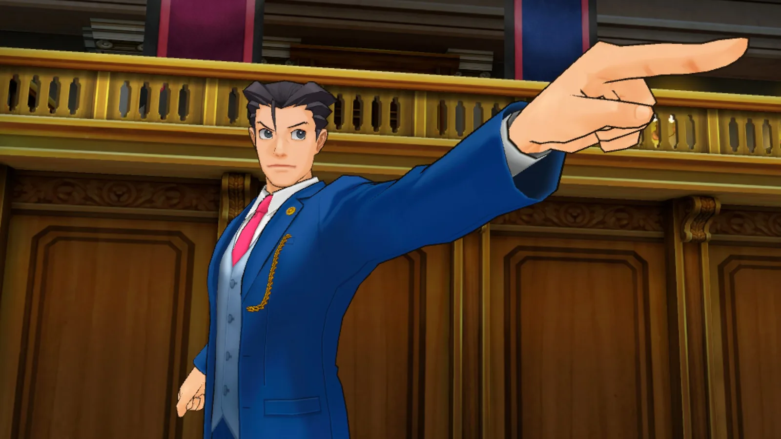 Phoenix Wright points across a courtroom in an official screenshot of Dual Destinies VR.