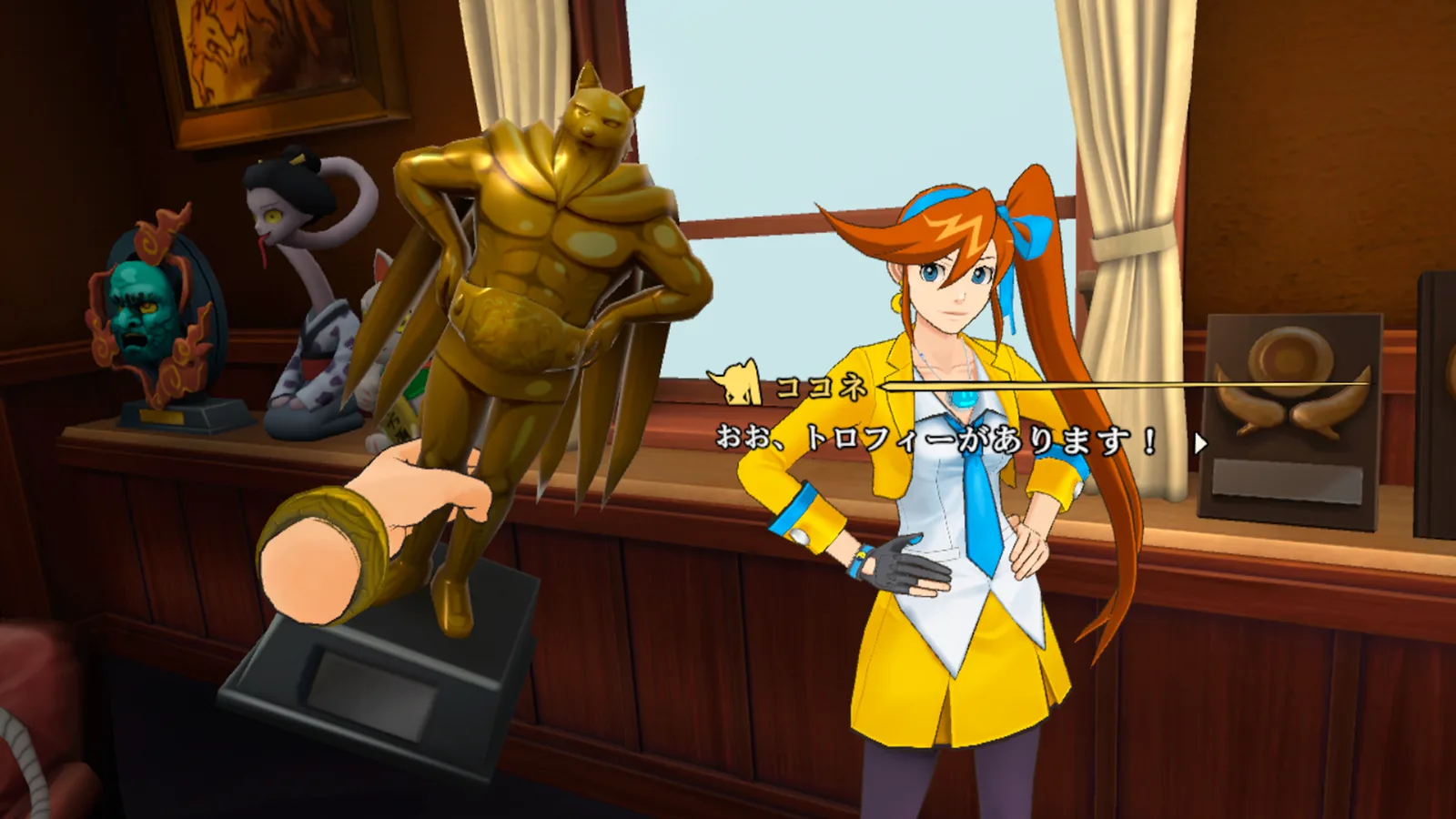 Official Dual Destinies VR screenshot showing Athena Cykes during a first-person investigation with a held piece of evidence.