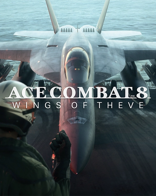 Official Ace Combat 8 Wings of Theve promotional art showing a fighter aircraft on a carrier deck.