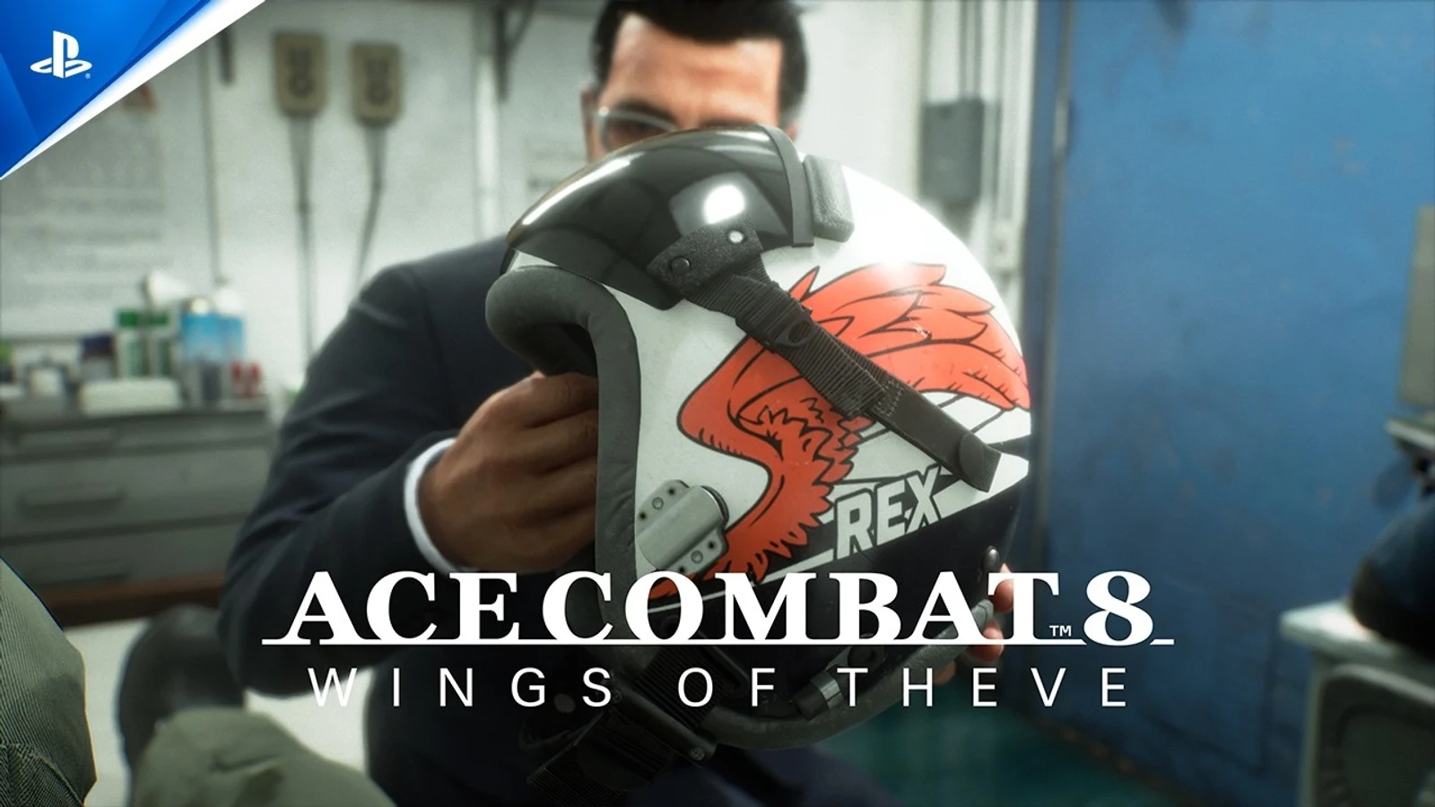 Official Ace Combat 8: Wings of Theve story trailer title card showing a pilot holding a helmet marked REX with the Joker Flight insignia.
