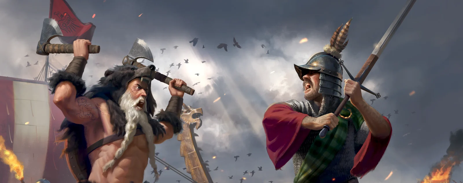 A Viking warrior with raised axes faces a Scottish soldier with a sword in official Raiders of the North artwork.