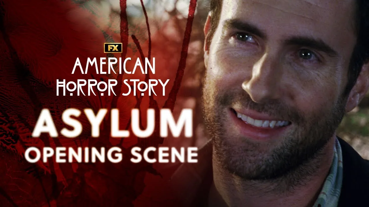 A young man appears beside the Asylum title in FX's opening-scene thumbnail set at the abandoned Briarcliff.