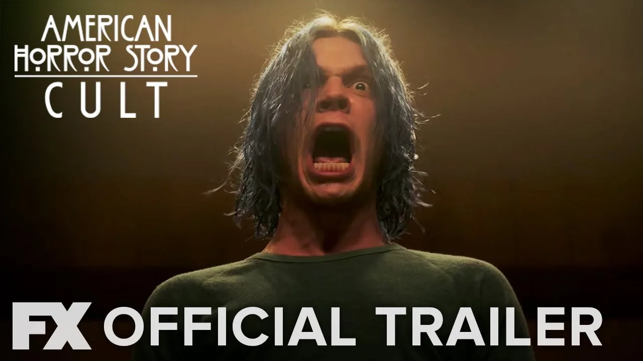 Kai Anderson screams beneath the American Horror Story: Cult logo in FX's official trailer thumbnail.