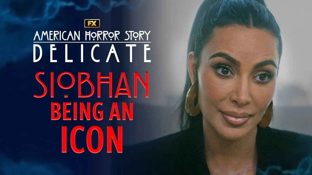Kim Kardashian as Siobhan Corbyn faces the camera beside the Delicate title in an official FX character-video thumbnail.