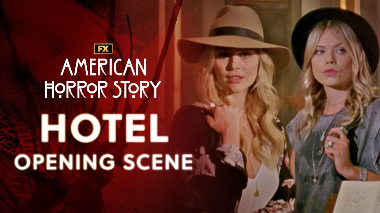 Two women in brimmed hats stand indoors beside the American Horror Story: Hotel title in FX's opening-scene video thumbnail.