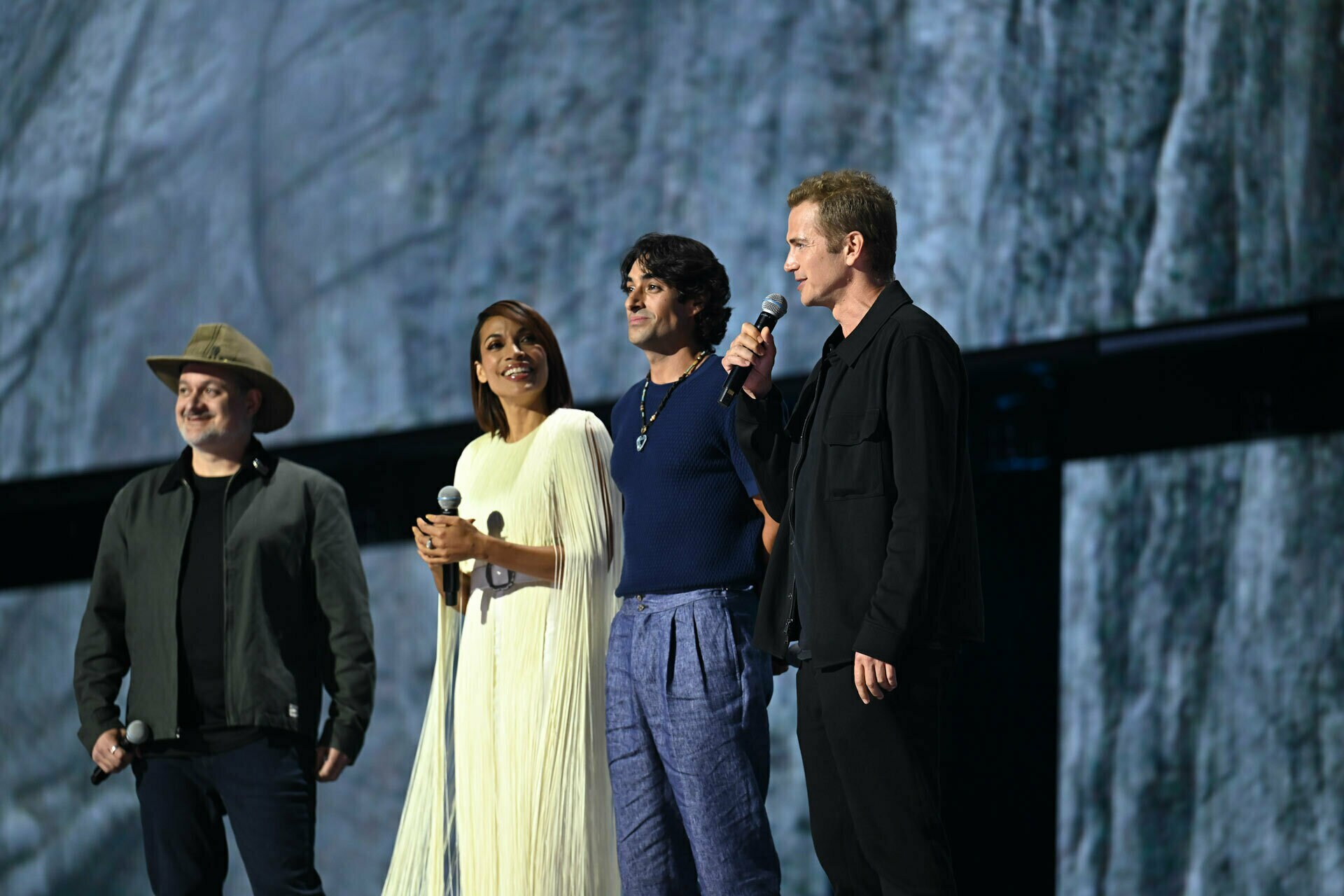 Dave Filoni, Rosario Dawson, Eman Esfandi and Hayden Christensen onstage for the Ahsoka Season 2 presentation at D23 2026.