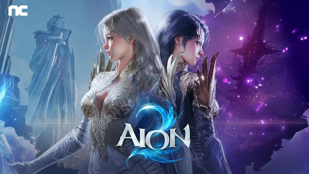 Two armored AION 2 characters stand back to back between blue and purple fantasy landscapes, with the AION 2 logo.
