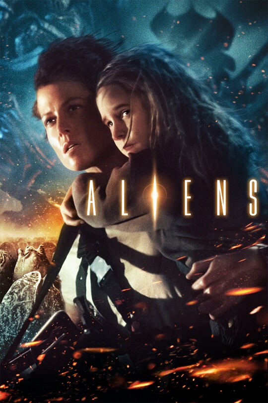 Official Aliens artwork showing Ripley carrying Newt amid smoke and alien shapes.