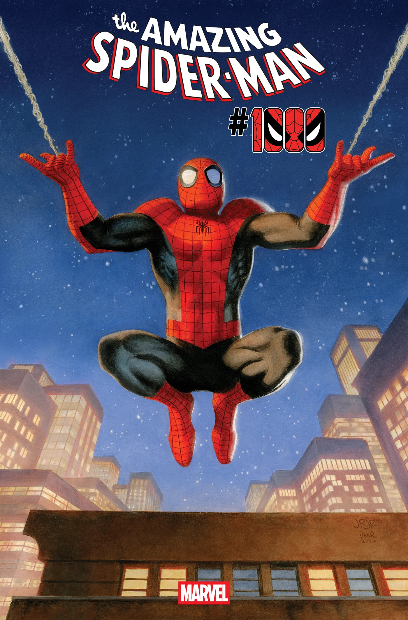John Romita Jr. and Paolo Rivera's main cover for The Amazing Spider-Man issue 1000, with Spider-Man perched above a city street.