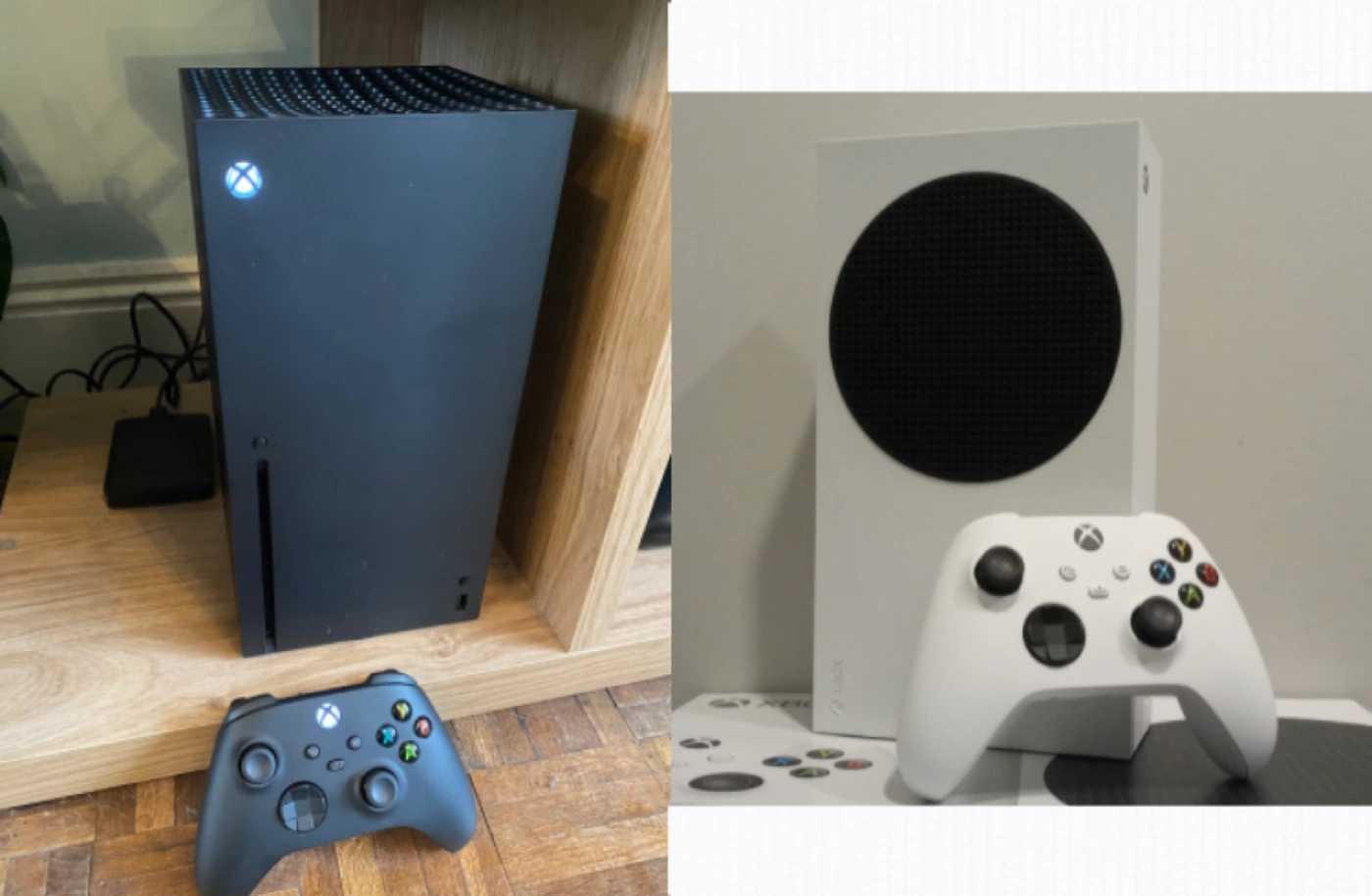 Archival composite photographs of a black Xbox Series X and white Xbox Series S, each with its controller.