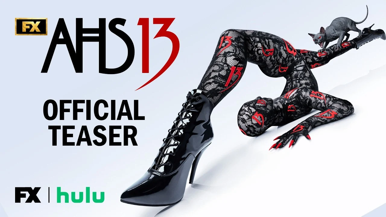 Official FX teaser key art for American Horror Story: 13, showing a contortionist figure in lace bodysuit marked with '13' symbols, a hairless cat, and the FX and Hulu logos.