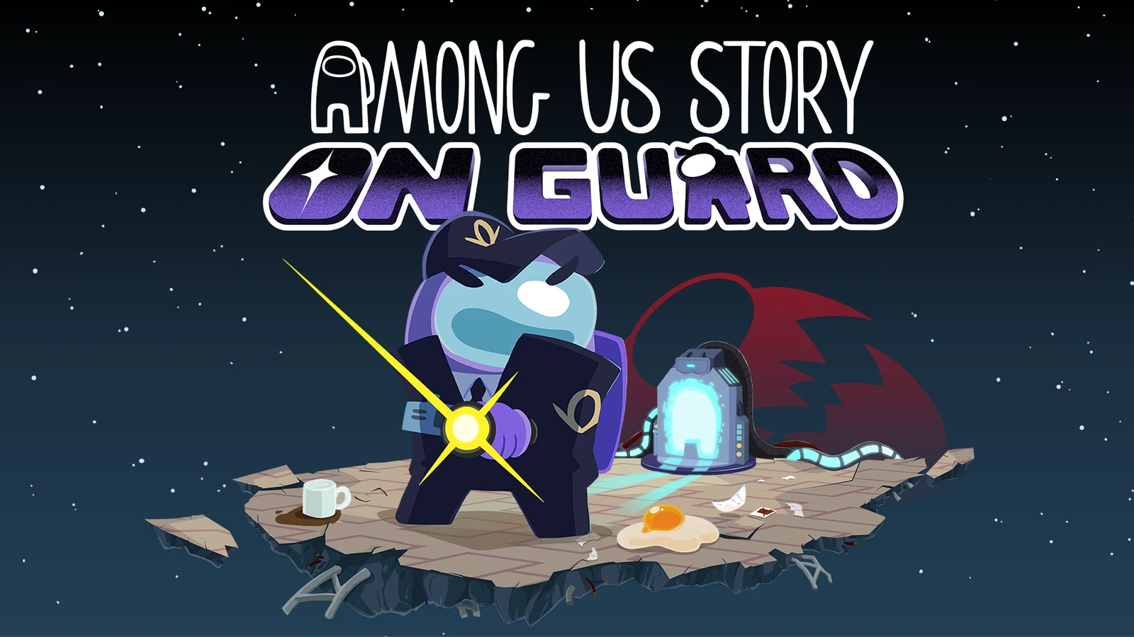 Official Among Us Story On Guard key art showing Guard with a flashlight beneath the game logo