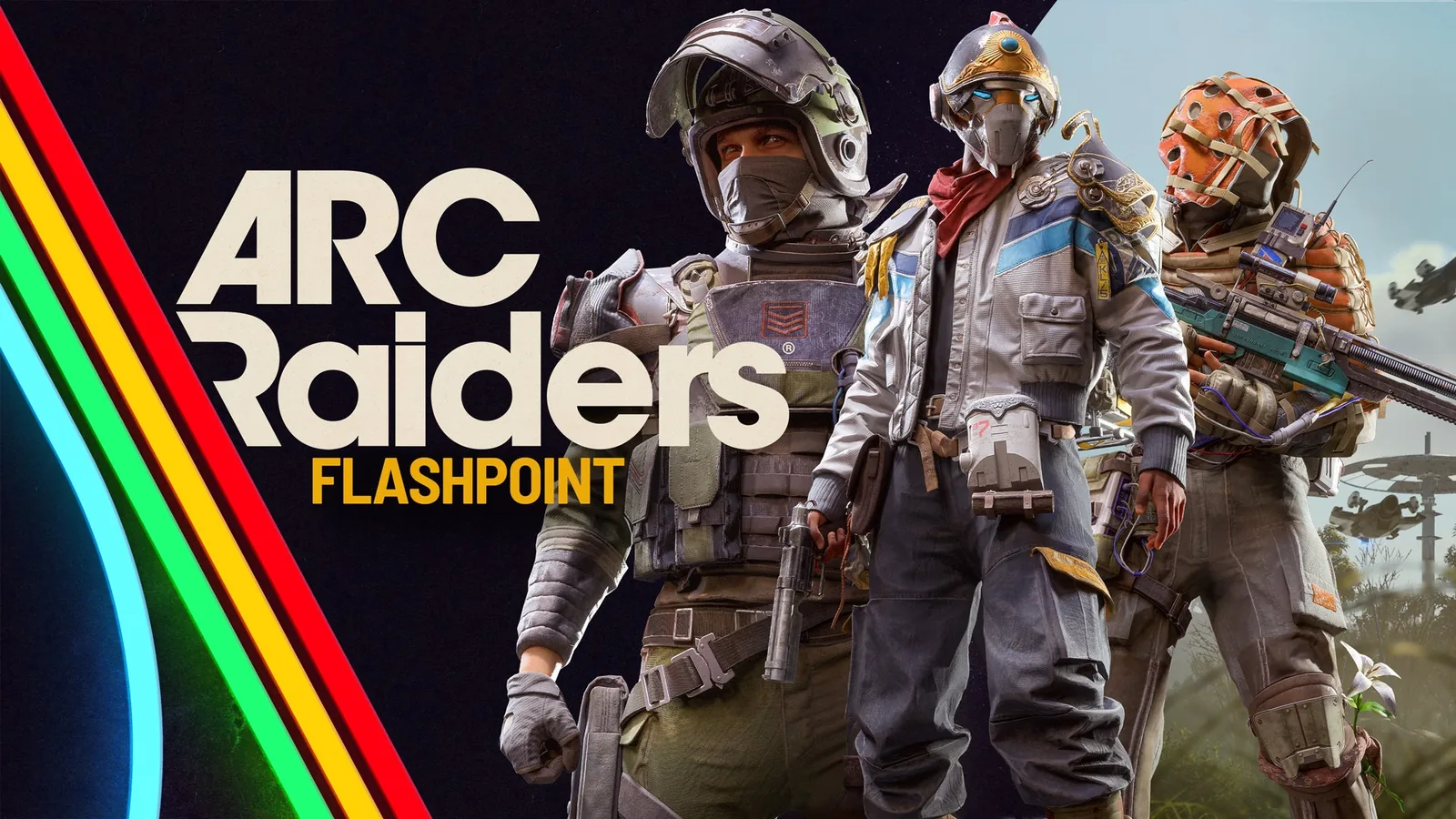 Three armored characters beside the ARC Raiders: Flashpoint logo in official promotional artwork.