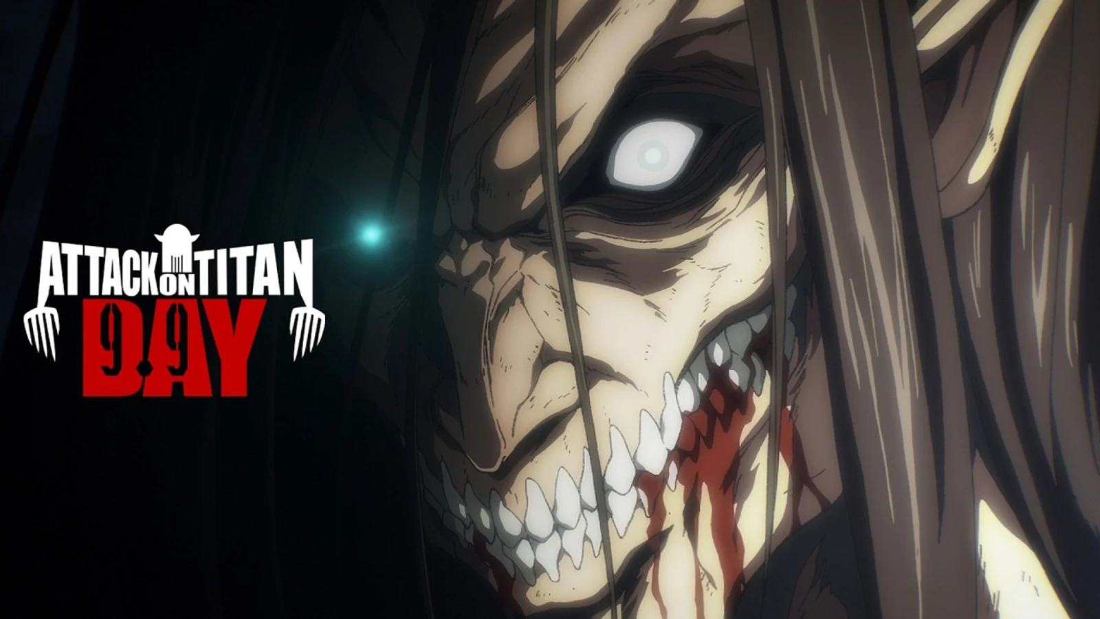 Official Attack on Titan Day 2026 key visual, showing a close-up of a bloodied Titan face beside the 'Attack on Titan Day 9.9' logo.