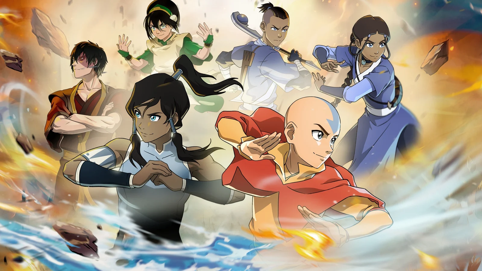 Aang, Korra, Zuko, Toph, Sokka and Katara in official Avatar Legends: The Fighting Game artwork.