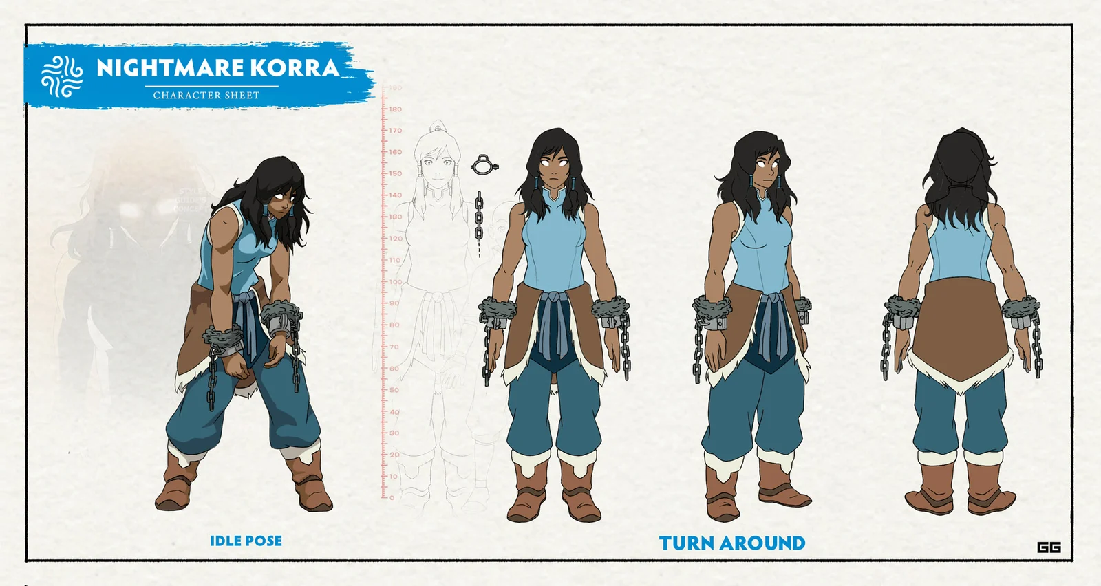 Official Nightmare Korra character sheet showing her chained wrists, idle pose and front, side and rear views.