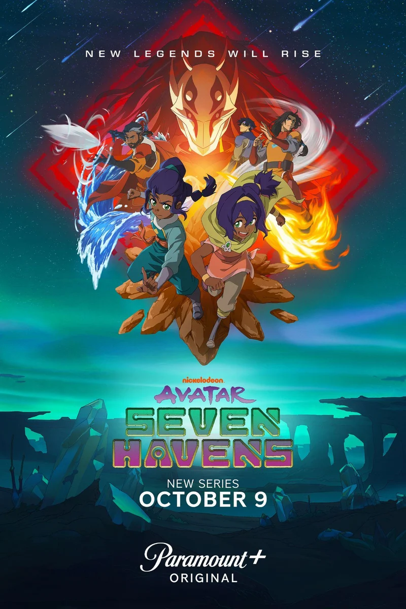 Pavi, Nisha and their companions beneath a glowing spirit figure on the official Avatar: Seven Havens poster advertising the October 9 premiere.