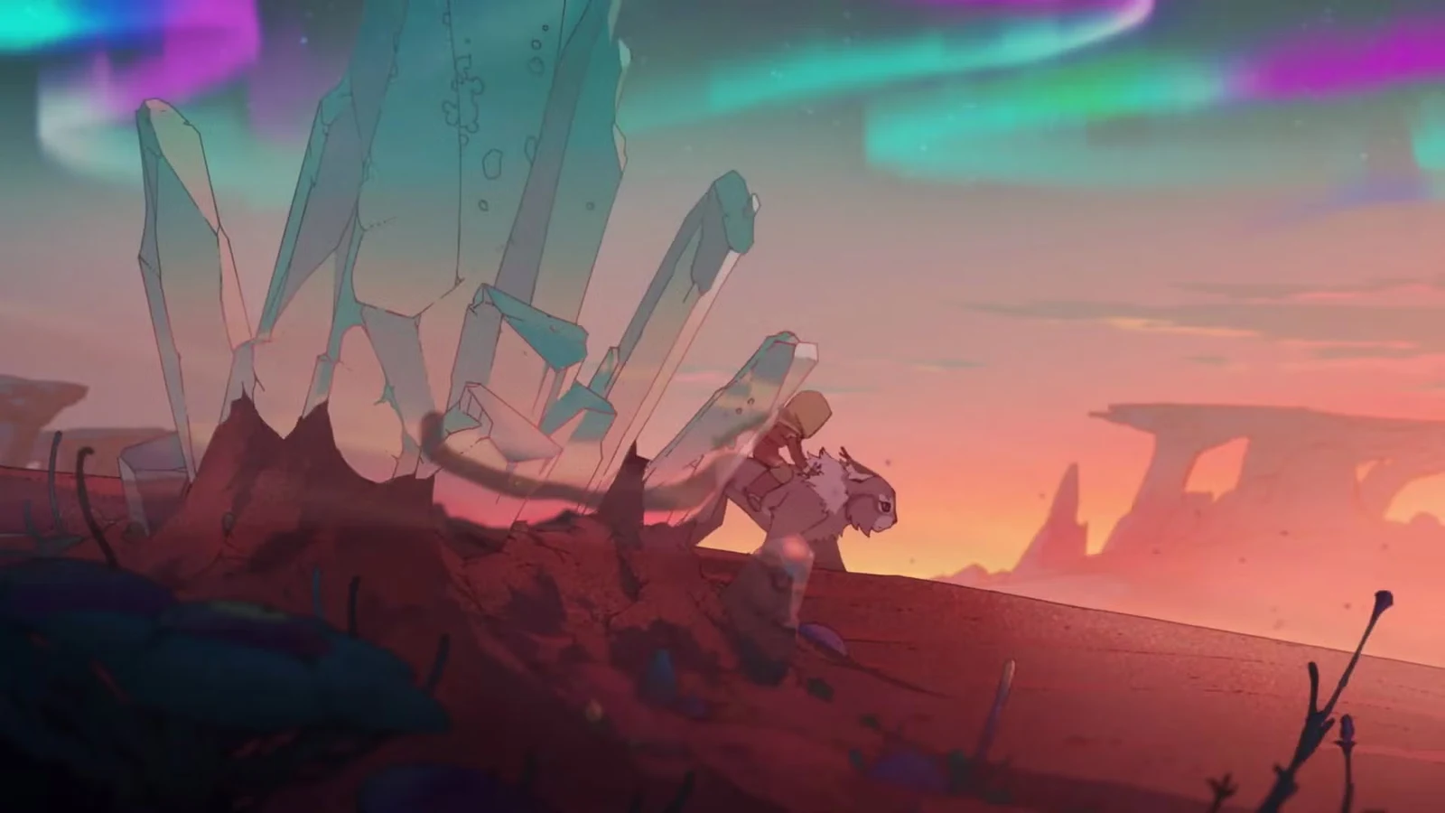 A young Earthbender riding a creature through a shattered, crystal-strewn landscape beneath an aurora sky, official trailer still from Avatar: Seven Havens.