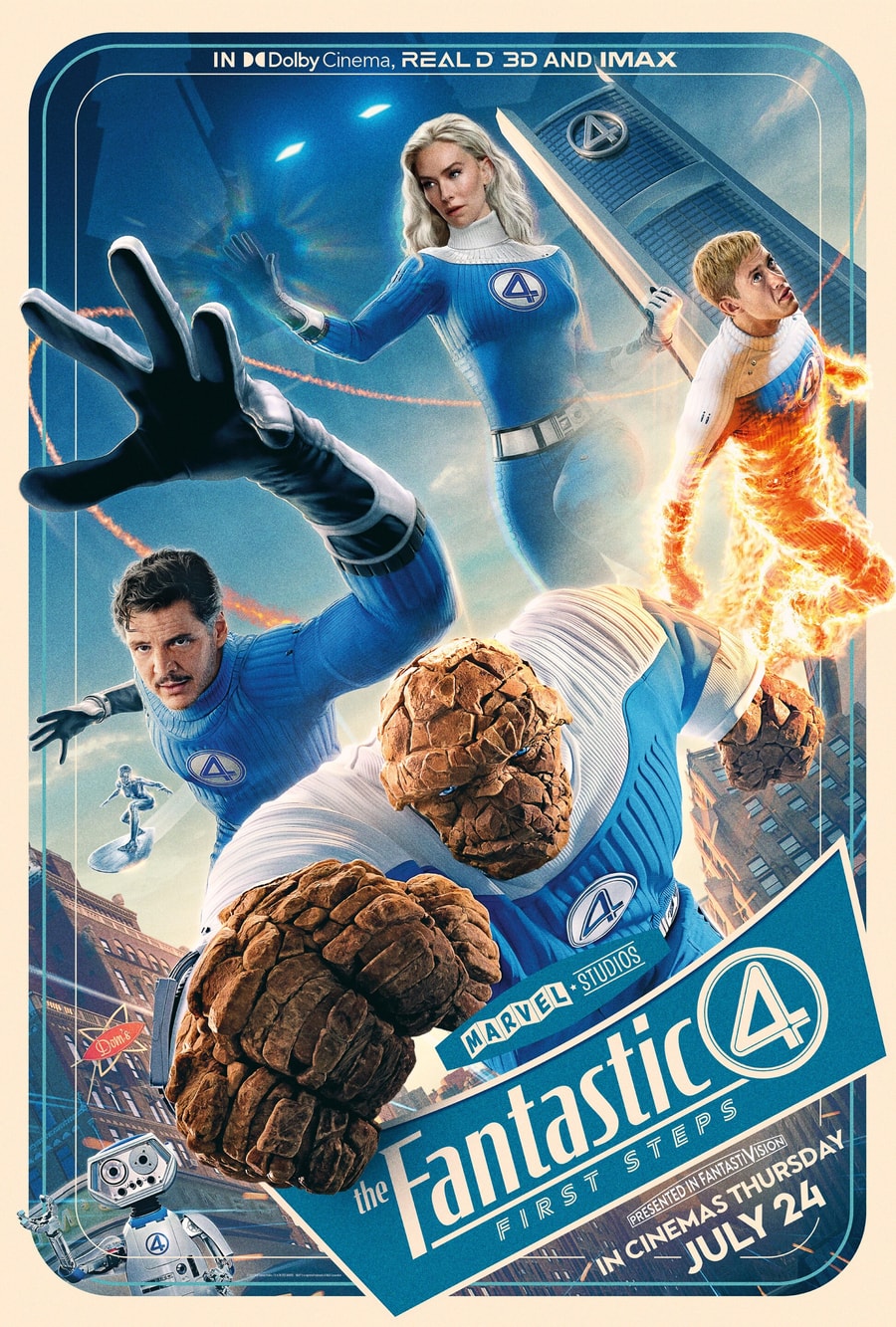 Reed Richards stretches toward the viewer beside Sue Storm, Johnny Storm and Ben Grimm on the official 2025 First Steps poster.
