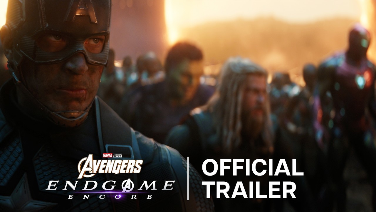 Captain America stands with the assembled Avengers in the official Avengers: Endgame Encore trailer title card.