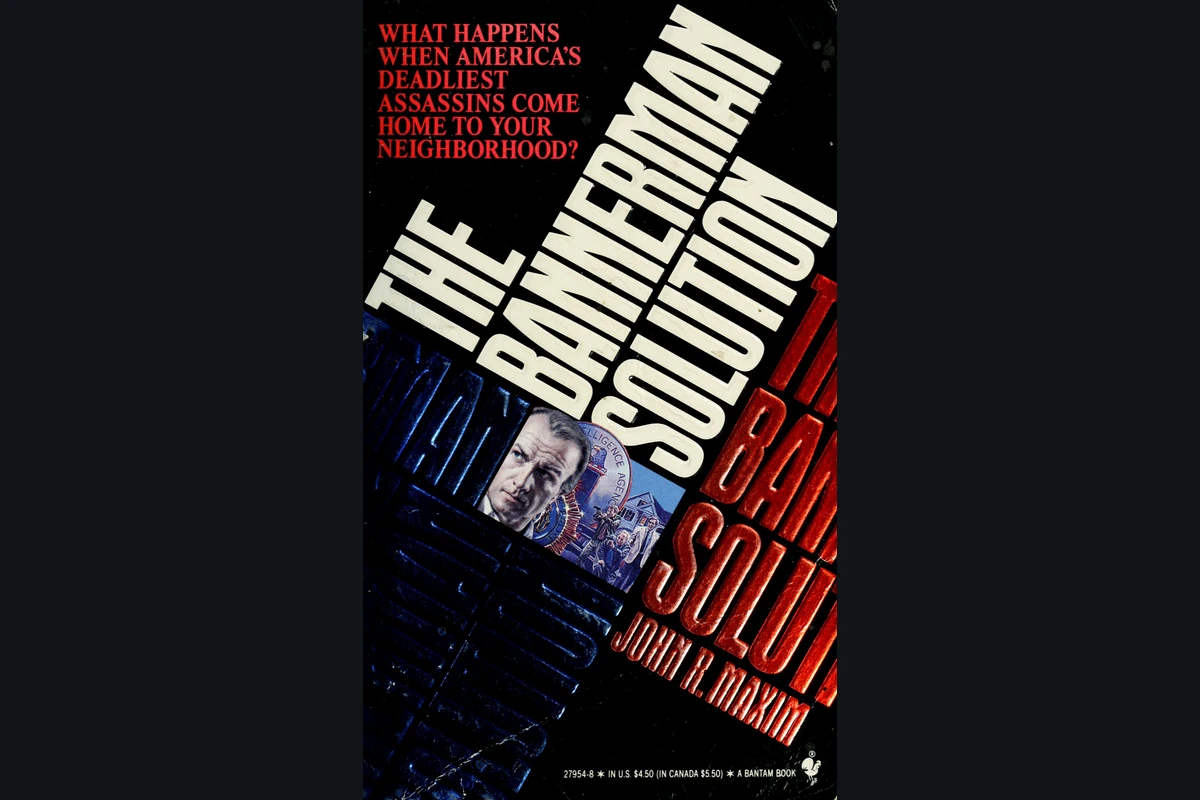 The Bantam cover of John R. Maxim's The Bannerman Solution, with diagonal title lettering and a fictional identification card.