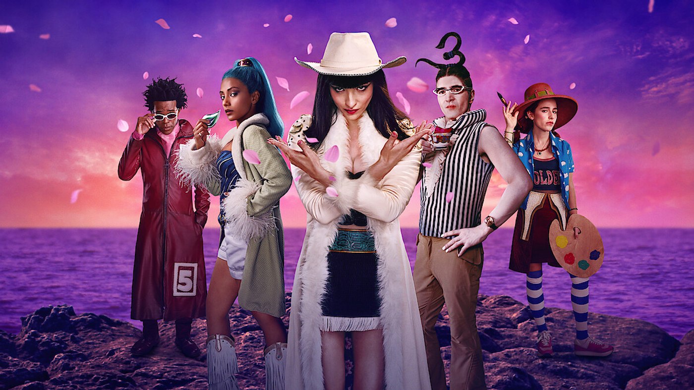 Five Baroque Works agents, including Mr. 5, Miss All Sunday and Mr. 3, posed together in Netflix's live-action One Piece Season 2.