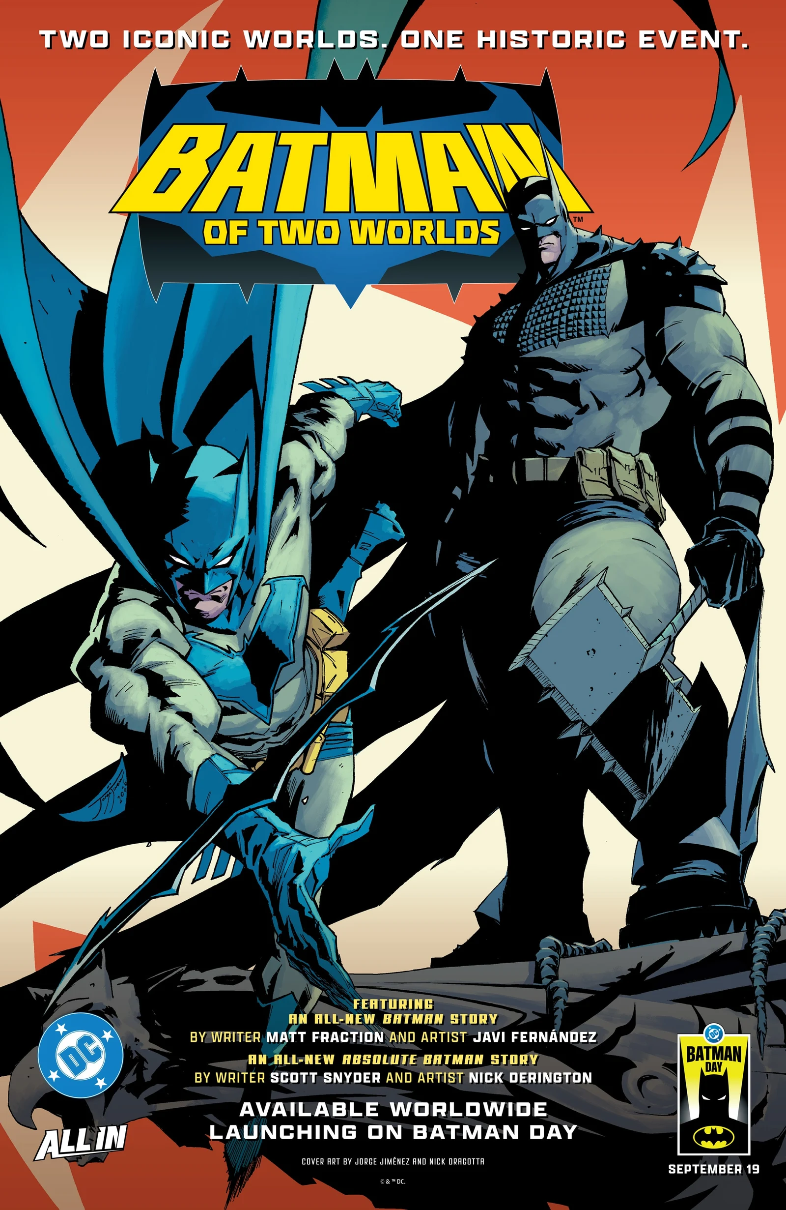 Official cover for Batman of Two Worlds, showing mainstream Batman leaping beside a towering Absolute Batman wielding an axe, above text reading 'Two Iconic Worlds. One Historic Event.'