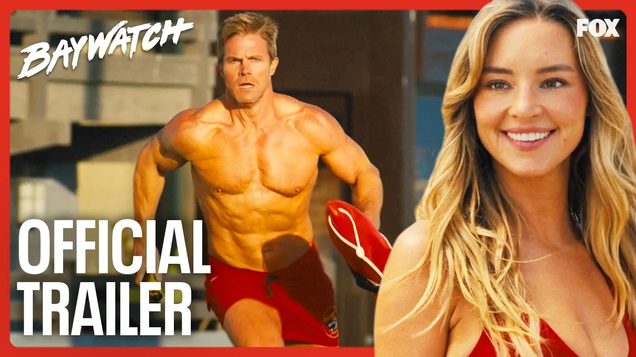 FOX's official Baywatch trailer artwork shows Stephen Amell as Hobie running with a rescue buoy beside Jessica Belkin as Charlie.