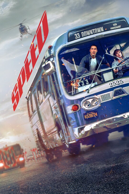 The speeding bus with Keanu Reeves and Sandra Bullock in the front window on the official Speed poster.