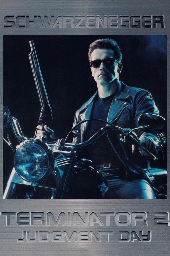 Arnold Schwarzenegger as the Terminator on a motorcycle in the official Terminator 2 poster.