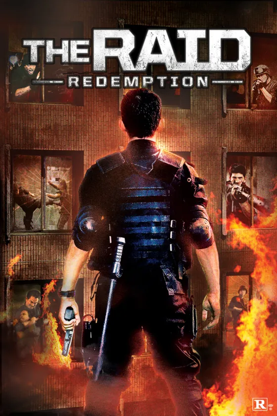 Rama facing an armed apartment building in official The Raid: Redemption key art.