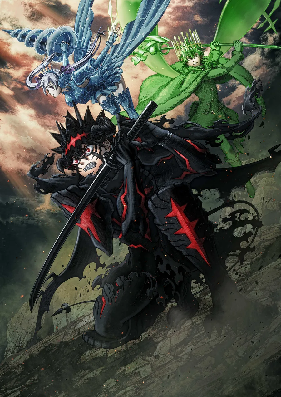 Official key visual for Black Clover 2nd Season, showing Asta in his Black Asgard demon form flanked by Noelle in mermaid form and Yuno in his Spirit Dive state.