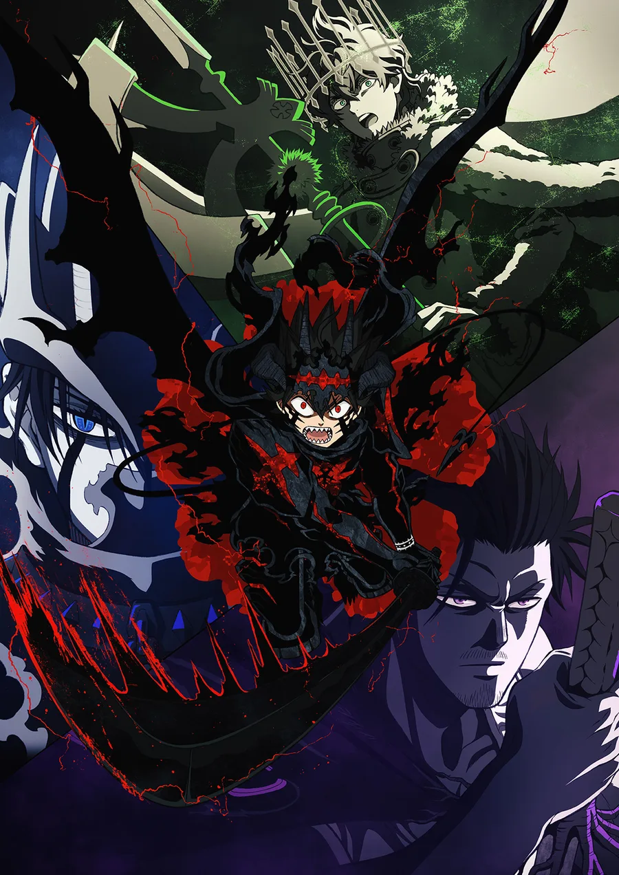 Official key visual for Black Clover 2nd Season, showing Asta in his devil-empowered Black Asgard form with Nacht Faust and Yami Sukehiro nearby.