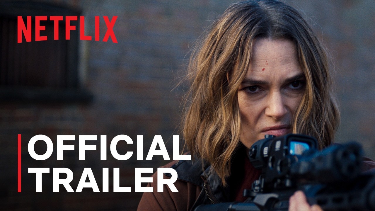 Keira Knightley as Helen aiming a rifle in the official Black Doves Season 2 trailer, with the Netflix logo and 'Official Trailer' text overlaid.