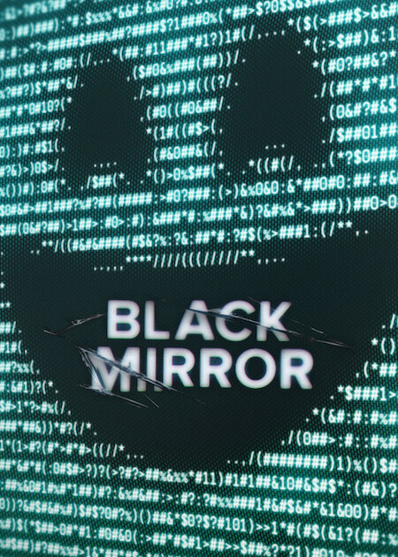 Black Mirror logo against a teal field of computer code.