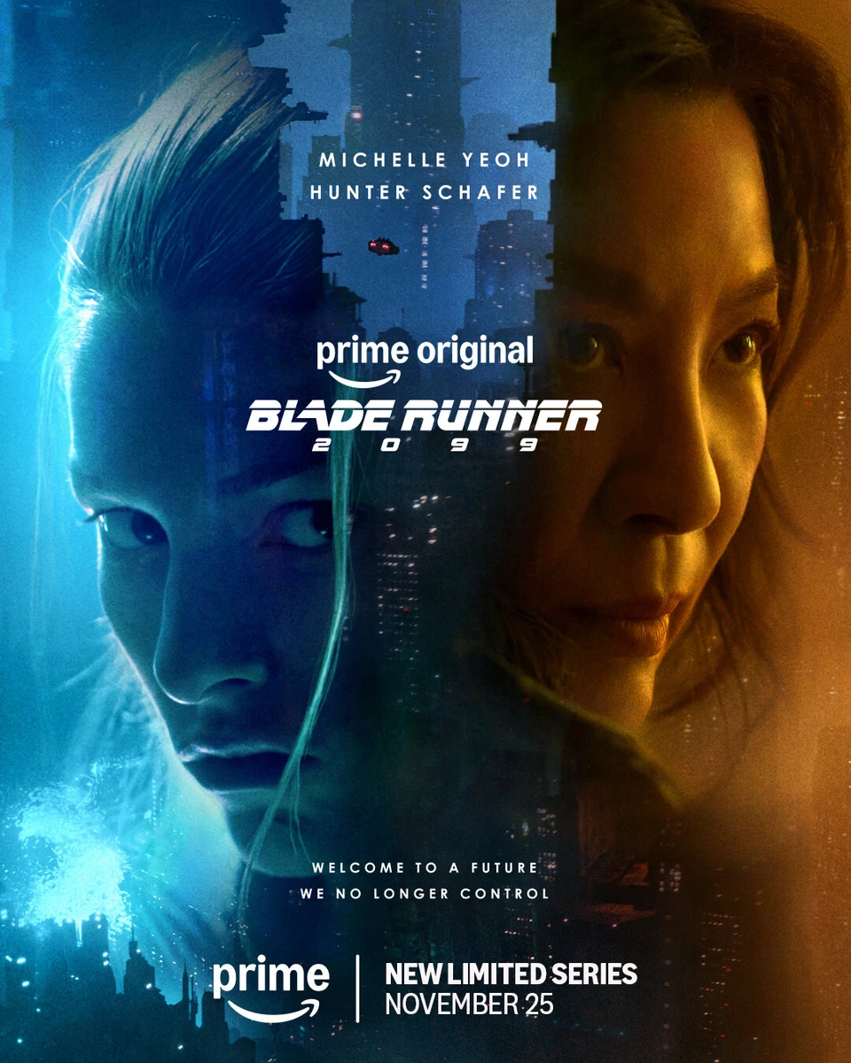 Cora and Olwen flank a futuristic city in the official Blade Runner 2099 teaser poster, with the November 25 premiere date.