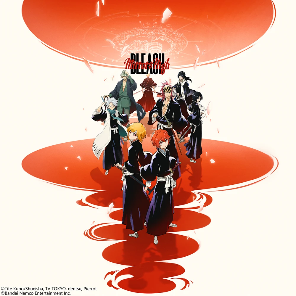 Official BLEACH Mirrors High key visual with two original Soul Reapers in front of BLEACH characters beneath large orange-red circular forms and the game logo.