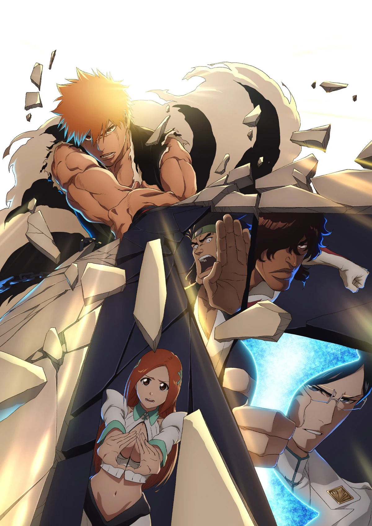 Official key visual for BLEACH: Thousand-Year Blood War — The Calamity, showing Ichigo Kurosaki bursting through rubble alongside Orihime Inoue, Chad and Uryu Ishida.