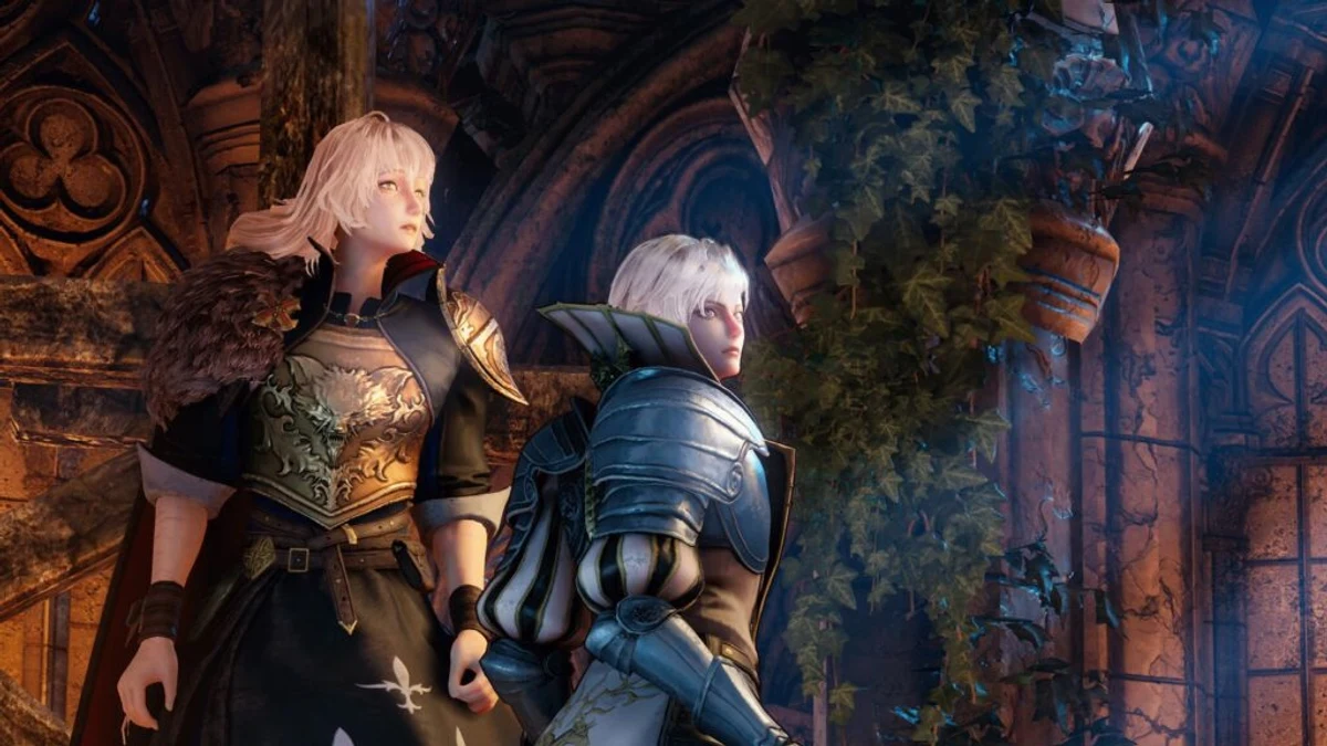 Leonard Brandon and Alexander Kyteler exploring a gothic castle interior in Bloodstained: The Scarlet Engagement.