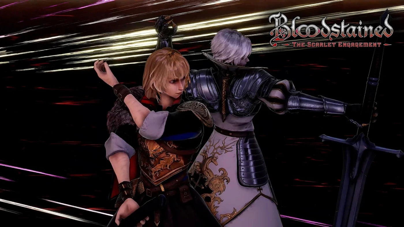 Official Bloodstained: The Scarlet Engagement artwork showing protagonists Leonard Brandon and Alexander Kyteler fighting back-to-back.