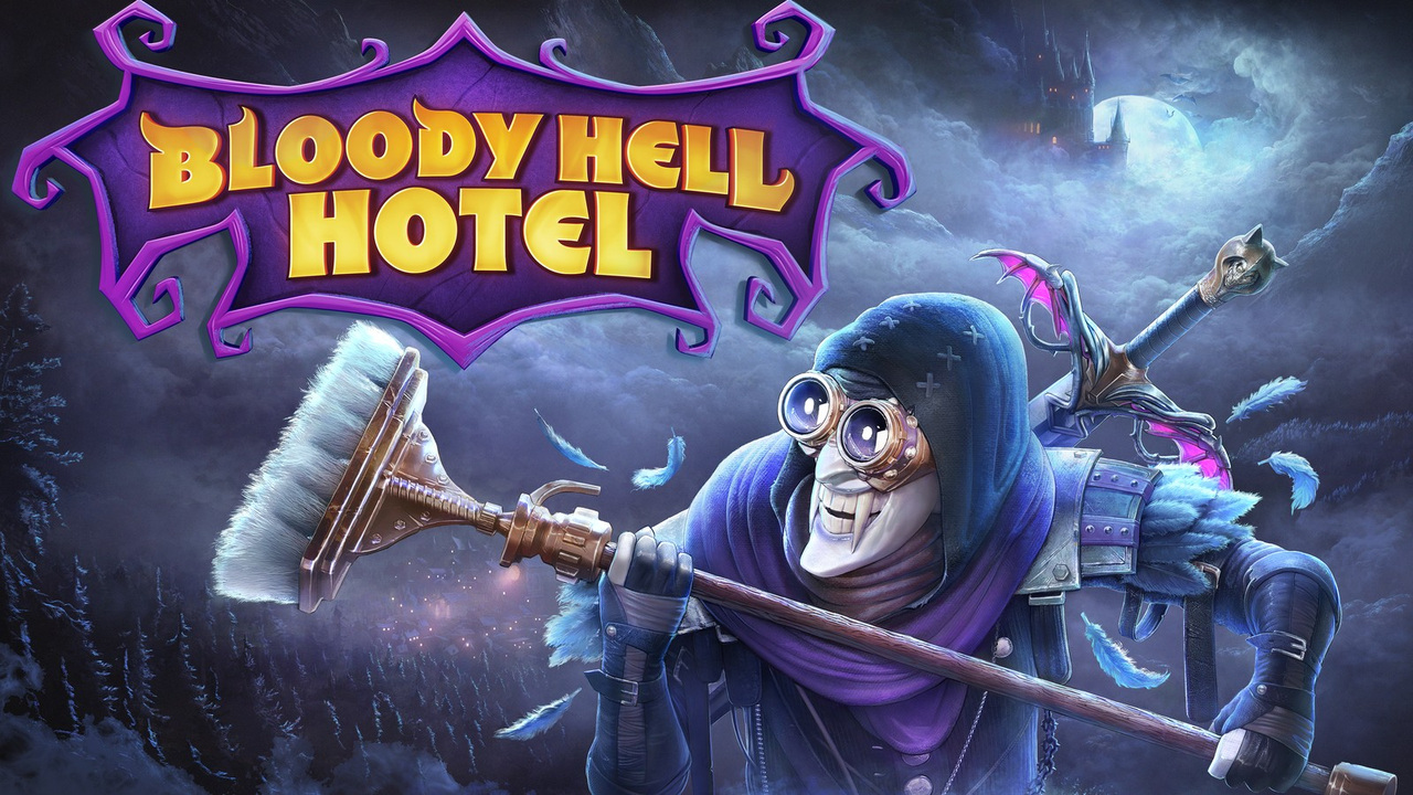 Official Bloody Hell Hotel key art featuring a grinning vampire holding a broom and sword outside a gothic hotel.