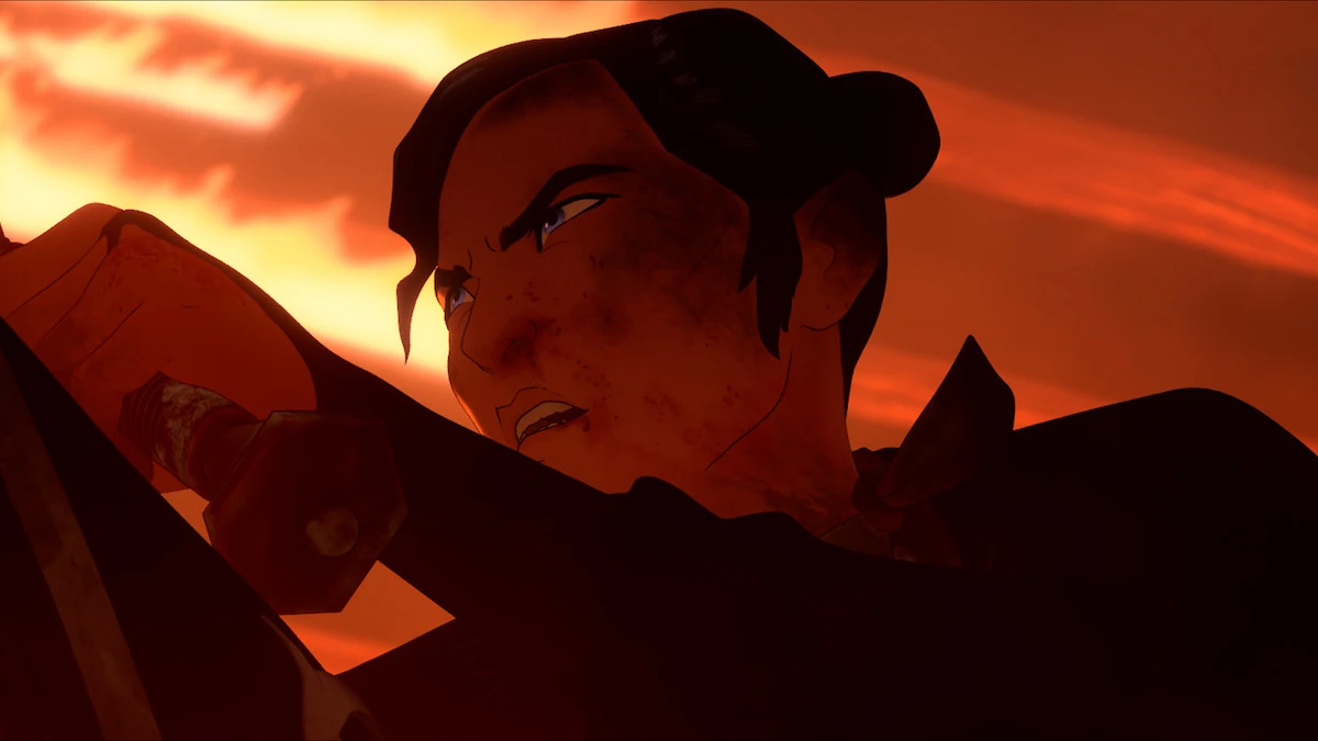 Mizu in Blue Eye Samurai Season 2, lit by an orange sky as she continues her journey.