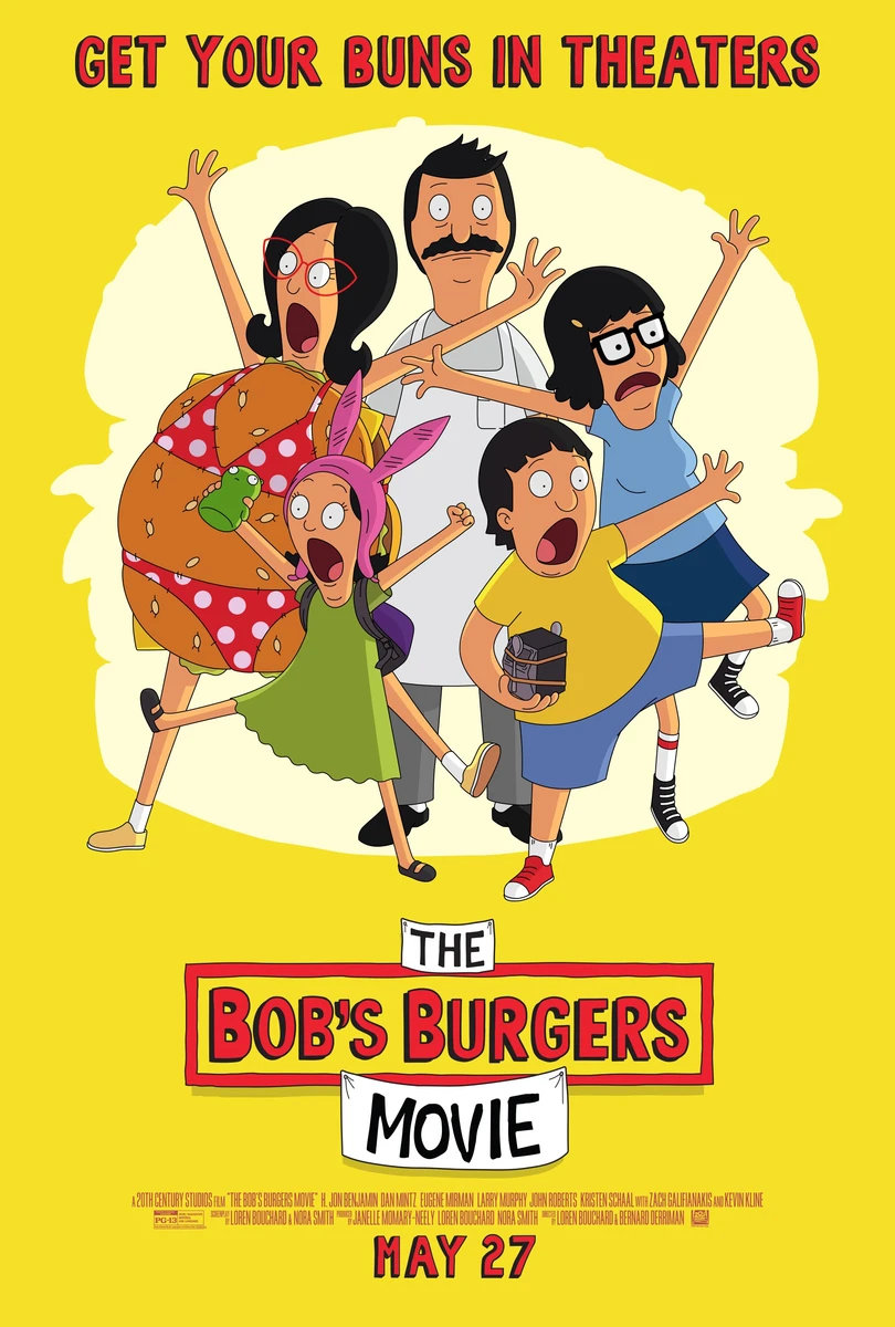 Bob, Linda, Tina, Gene and Louise Belcher on the yellow theatrical poster for The Bob’s Burgers Movie (2022).
